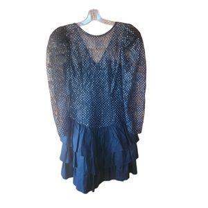 1980s Rampage Black & Metallic Polka Dot Party‎ Dress